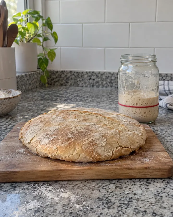 Un pan de masa madre plano y pálido sobre una tabla, junto al tarro de la masa madre